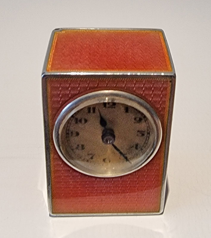 Sub Miniature  Silver and Coral Guilloche five sided enamel Carriage Clock