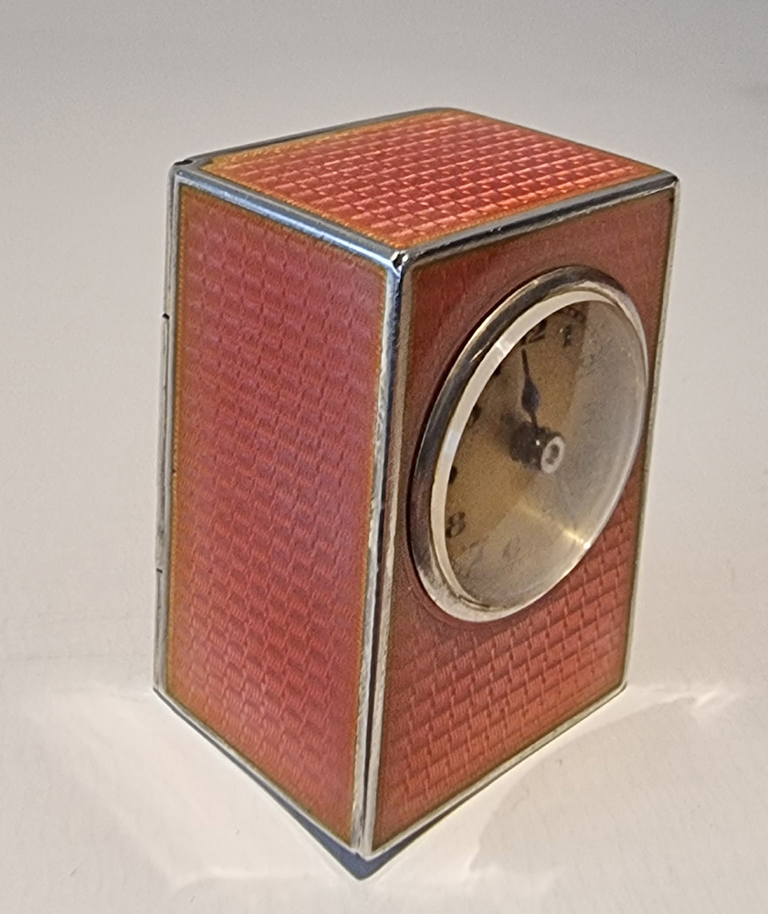 Sub Miniature  Silver and Coral Guilloche five sided enamel Carriage Clock