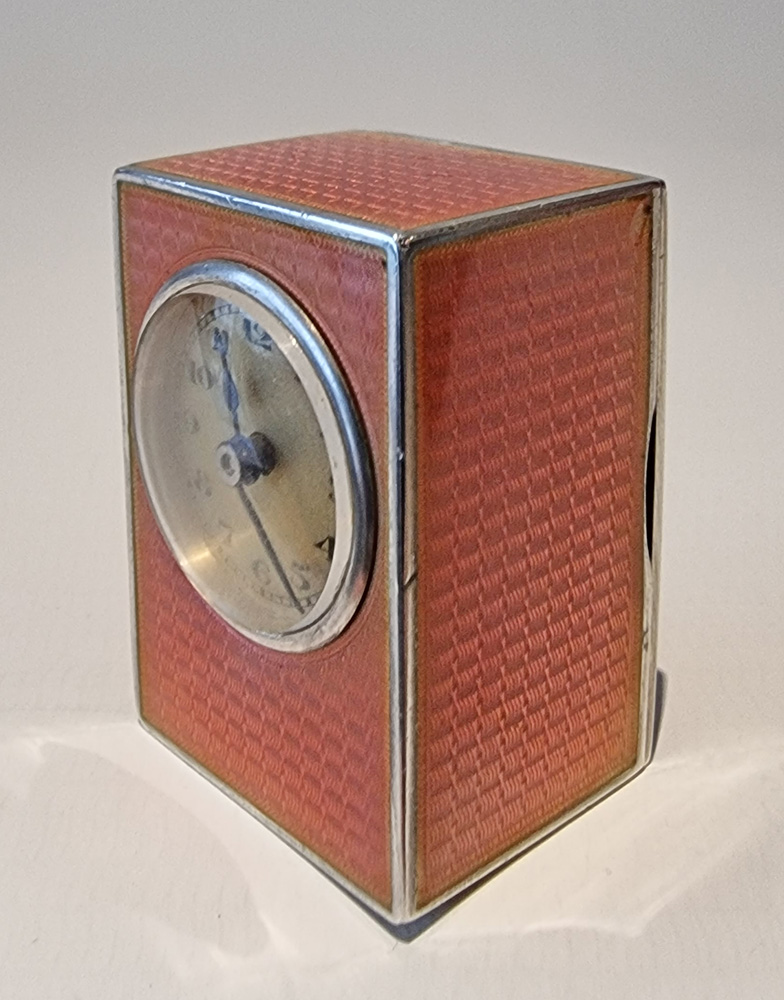 Sub Miniature  Silver and Coral Guilloche five sided enamel Carriage Clock