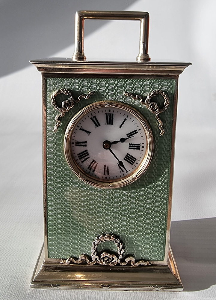 Antique Silver and Green Guilloche enamel miniature Carriage Clock by Georg Adam Scheid in case