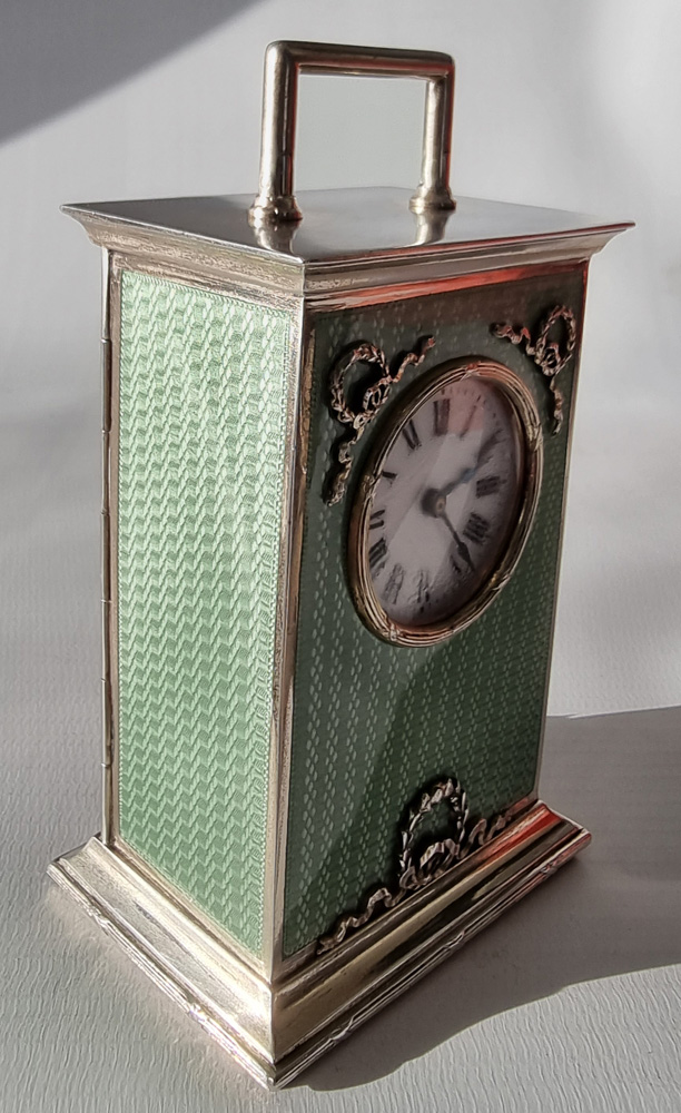 Antique Silver and Green Guilloche enamel miniature Carriage Clock by Georg Adam Scheid in case
