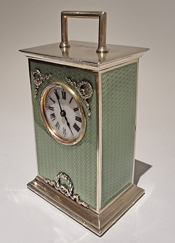 Antique Silver and Green Guilloche enamel miniature Carriage Clock by Georg Adam Scheid in case
