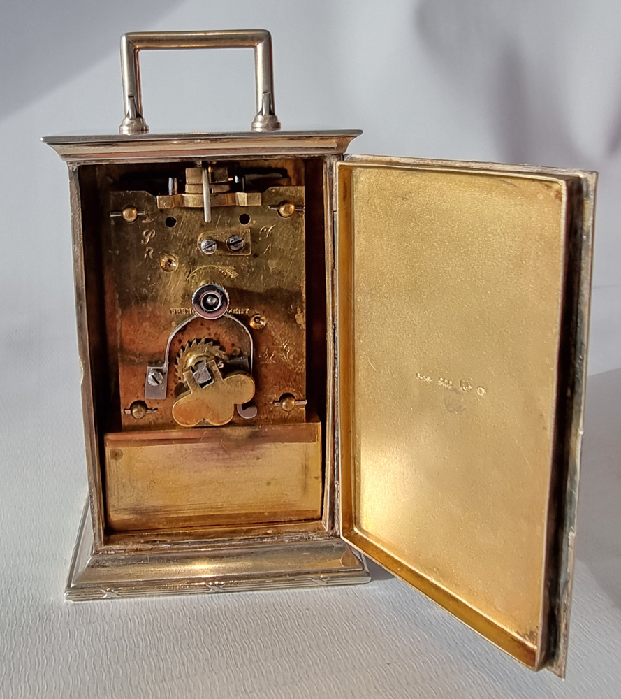 Antique Silver and Green Guilloche enamel miniature Carriage Clock by Georg Adam Scheid in case