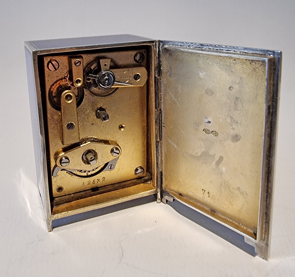 Aspreys Silver and purple Guilloche enamel miniature Boudoir Clock