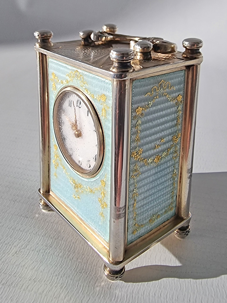 Antique Swiss Silver and Guilloche enamel Miniature Carriage Clock