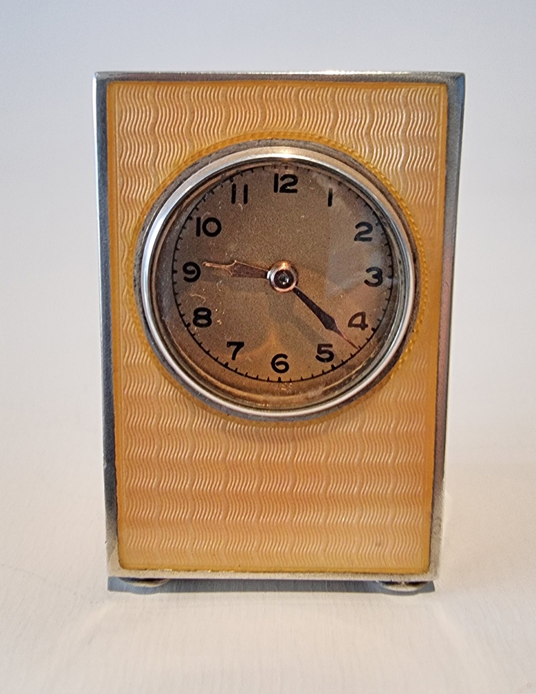 Antique Sub Miniature Silver gilt and Orange Guilloche enamel Carriage Clock