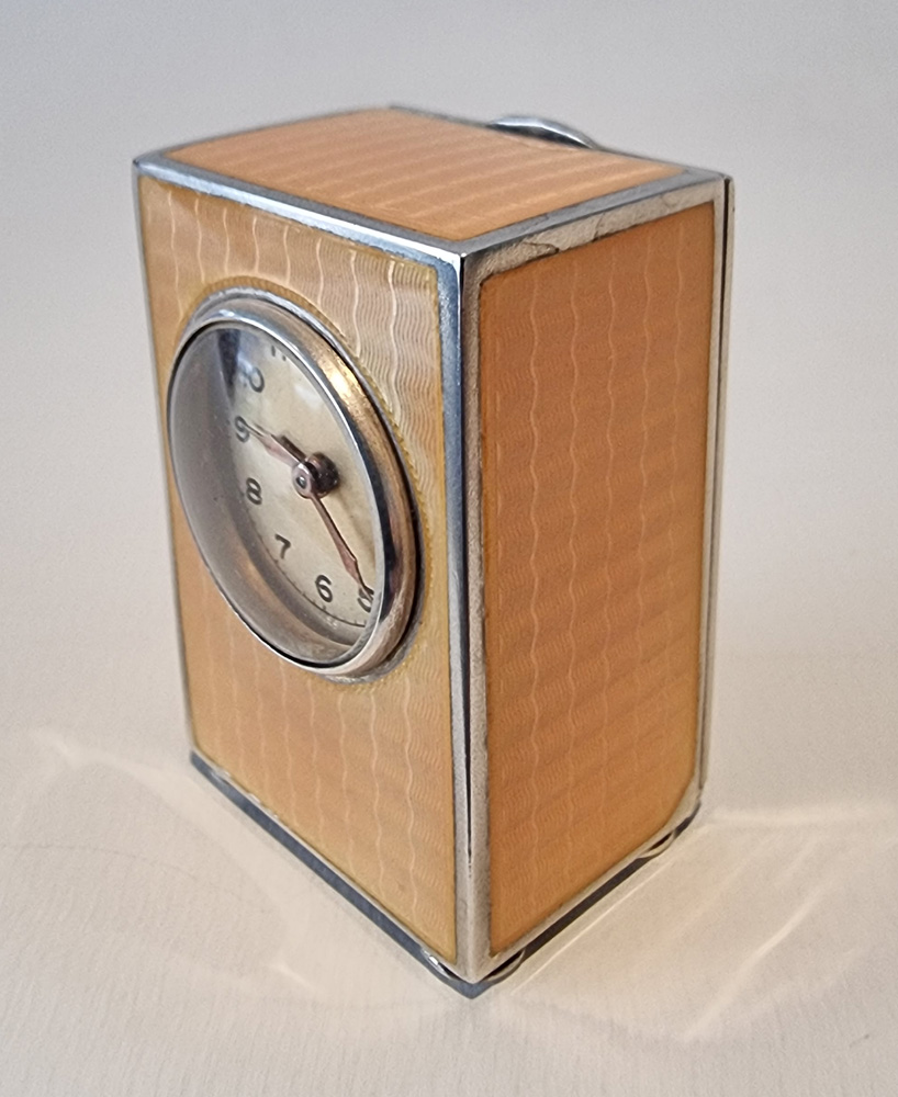 Antique Sub Miniature Silver gilt and Orange Guilloche enamel Carriage Clock