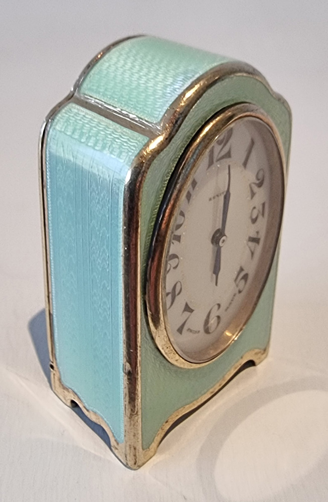 Antique Sub Miniature Silver gilt and Eau de Nil Guilloche enamel Carriage Clock by Zenith