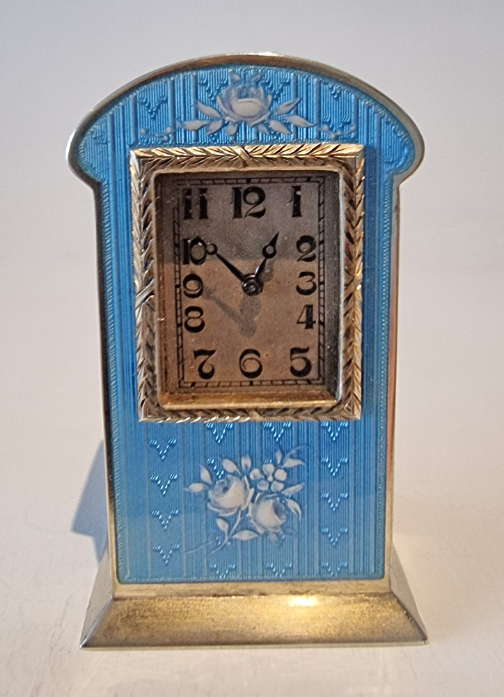 Antique Sub Miniature Silver gilt and Blue Guilloche enamel Carriage Clock by Eterna