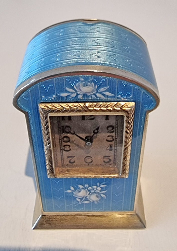 Antique Sub Miniature Silver gilt and Blue Guilloche enamel Carriage Clock by Eterna