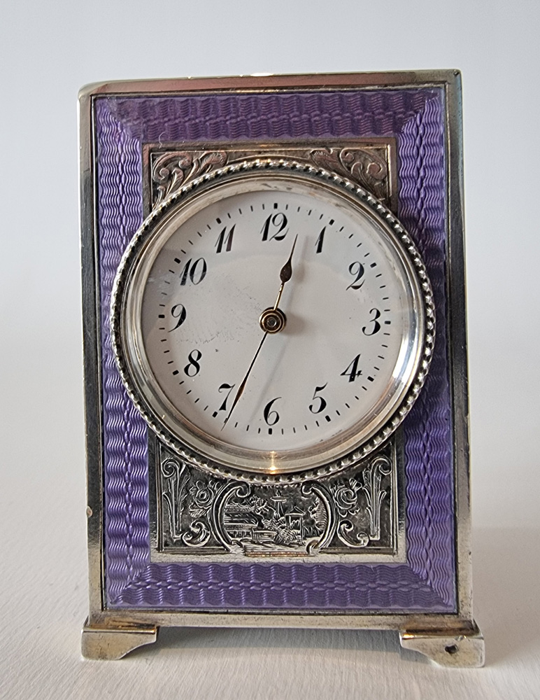 Antique Sub Miniature Silver and Purple Guilloche enamel Carriage Clock by Tiffany's