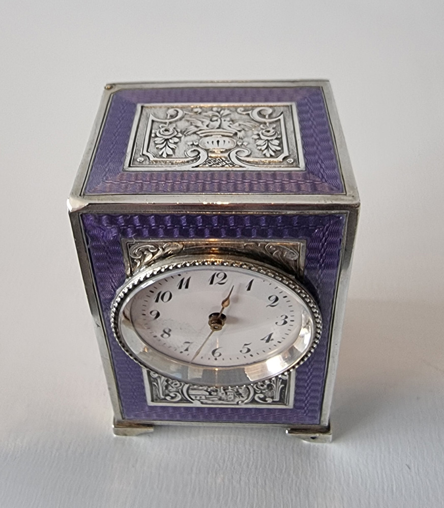 Antique Sub Miniature Silver and Purple Guilloche enamel Carriage Clock by Tiffany's