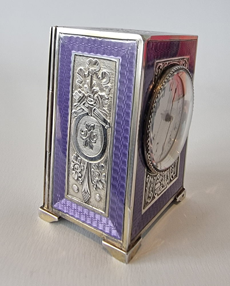 Antique Sub Miniature Silver and Purple Guilloche enamel Carriage Clock by Tiffany's