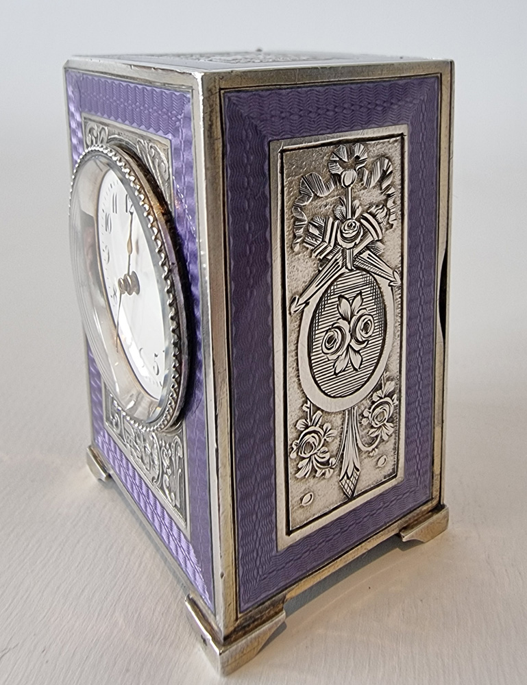 Antique Sub Miniature Silver and Purple Guilloche enamel Carriage Clock by Tiffany's