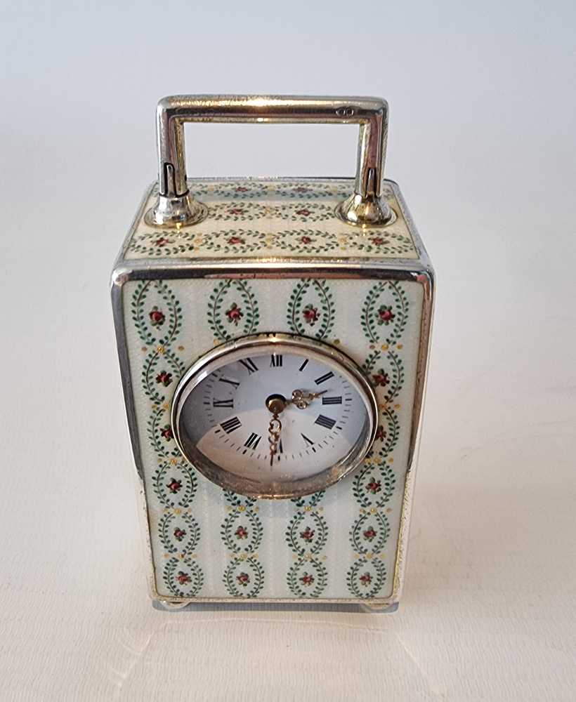 Silver and Guilloche enamel miniature Carriage Clock by Georg Adam Scheid