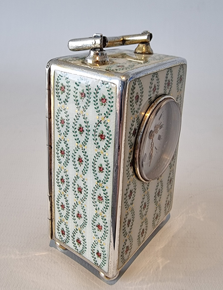 Silver and Guilloche enamel miniature Carriage Clock by Georg Adam Scheid