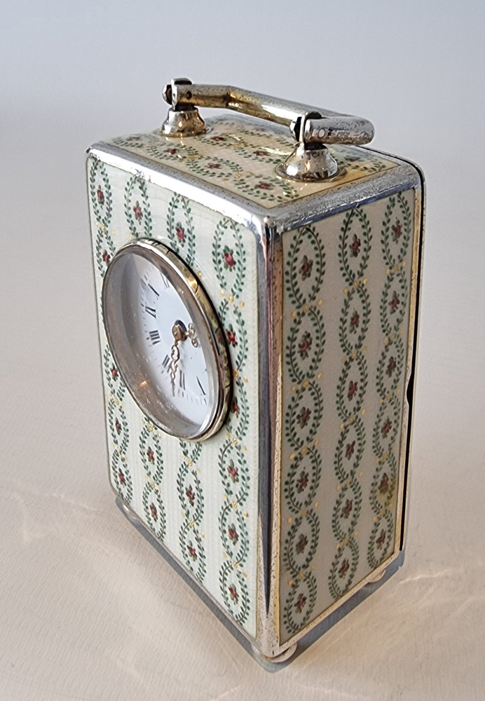Silver and Guilloche enamel miniature Carriage Clock by Georg Adam Scheid