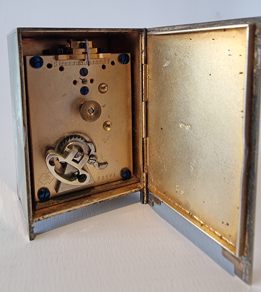A fine Asprey Silver and Guilloche enamel miniature boudoir clock in original case