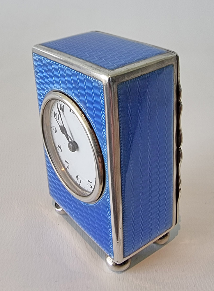 A Silver and blue Guilloche enamel Miniature Carriage or Boudoir Clock