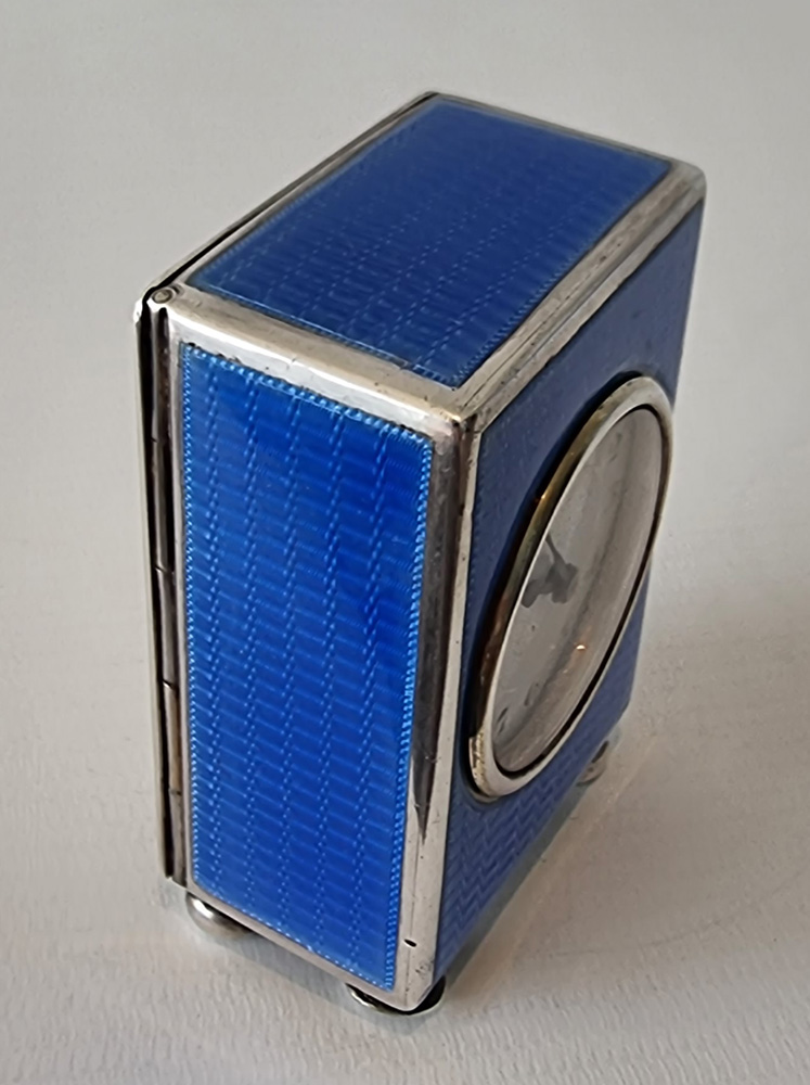 A Silver and blue Guilloche enamel Miniature Carriage or Boudoir Clock