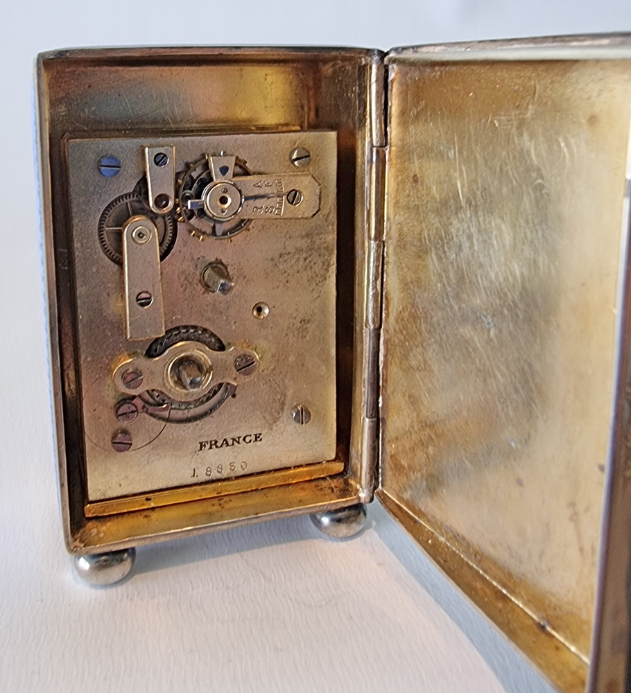 A Silver and blue Guilloche enamel Miniature Carriage or Boudoir Clock