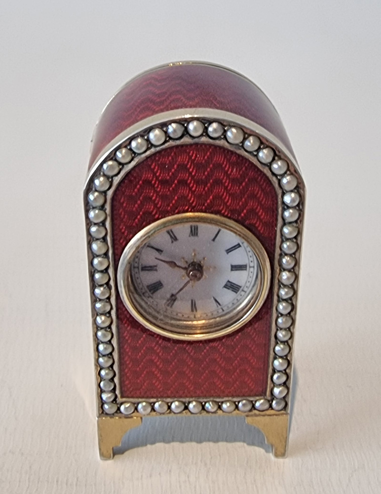 Sub miniature Silver Gilt and Red Guilloche Carriage or boudoir Clock in Original Case