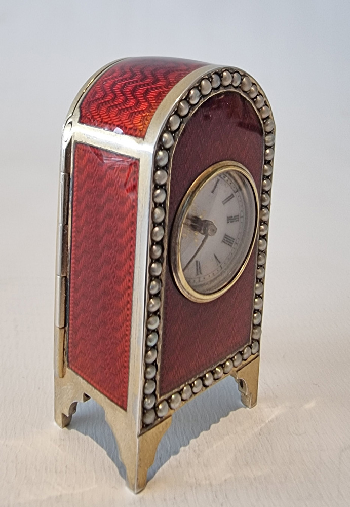 Sub miniature Silver Gilt and Red Guilloche Carriage or boudoir Clock in Original Case