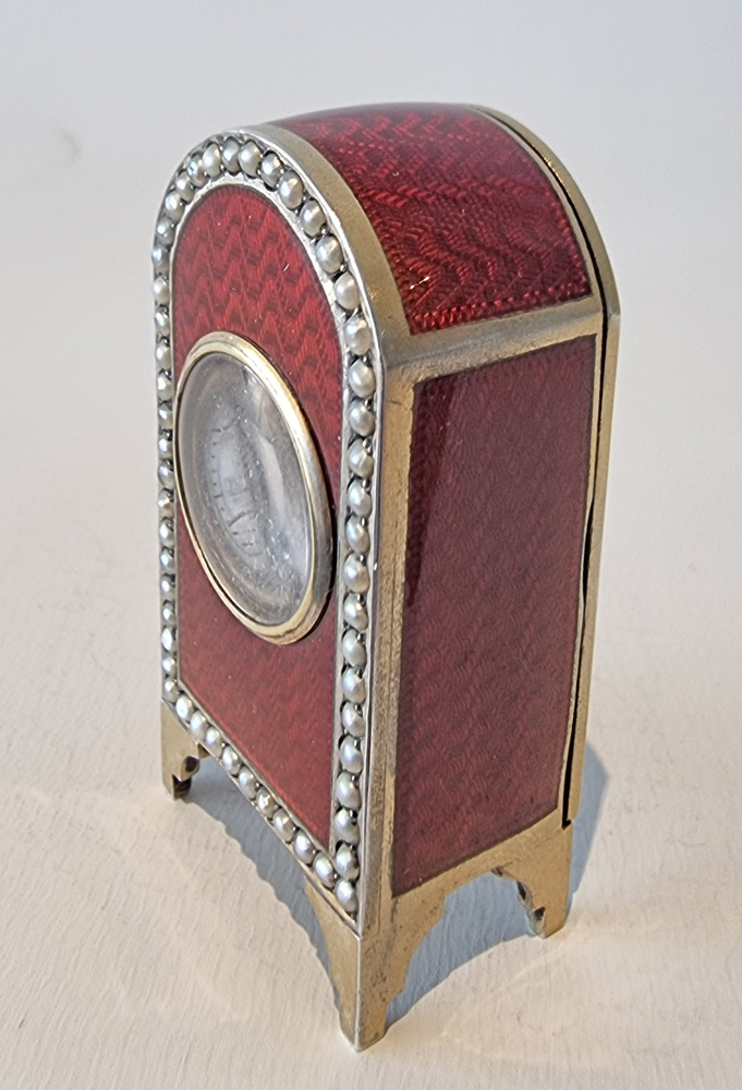 Sub miniature Silver Gilt and Red Guilloche Carriage or boudoir Clock in Original Case