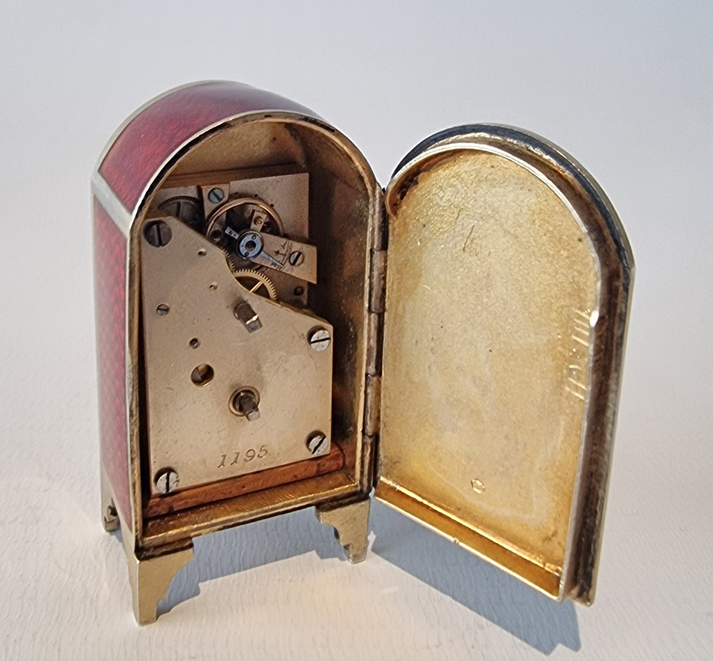 Sub miniature Silver Gilt and Red Guilloche Carriage or boudoir Clock in Original Case