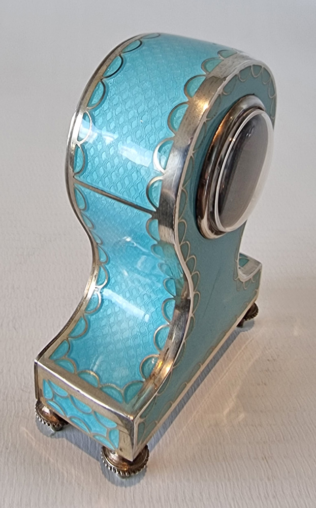 Silver and Turquoise Guilloche Enamel sub miniature boudoir Clock