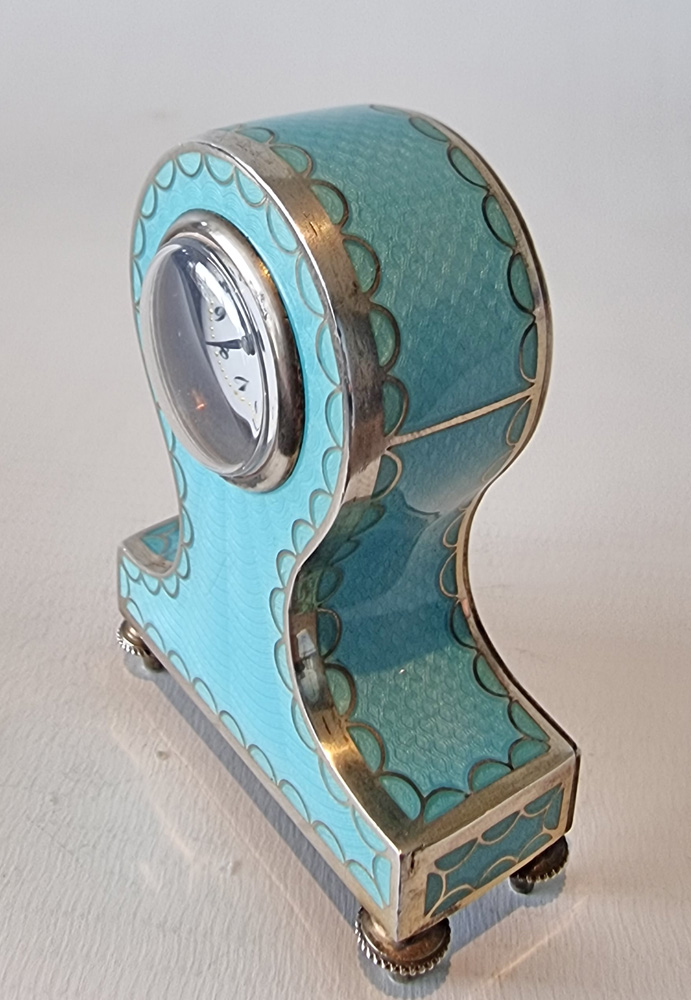 Silver and Turquoise Guilloche Enamel sub miniature boudoir Clock