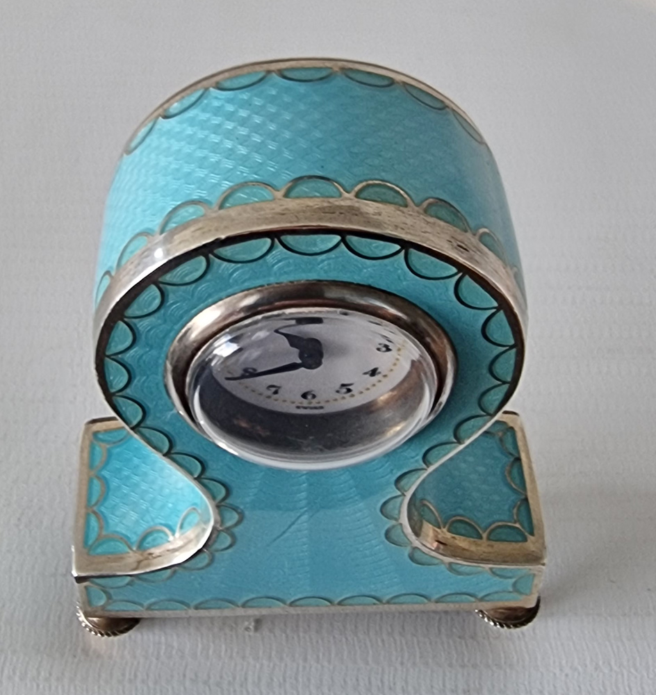 Silver and Turquoise Guilloche Enamel sub miniature boudoir Clock