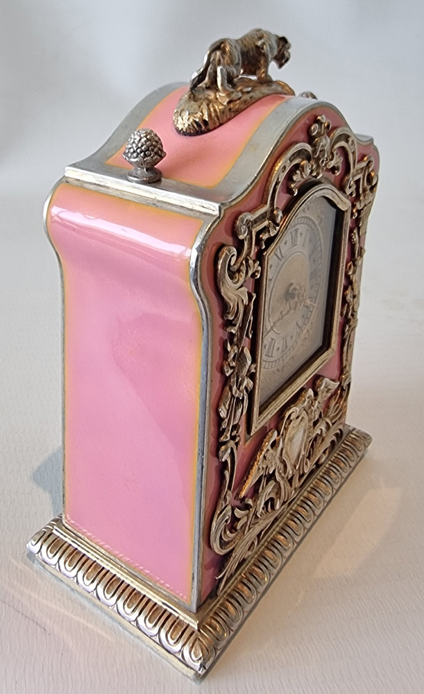 A fine and unusual Silver Gilt & Enamel Miniature Carriage or Boudoir Clock in the style of Faberge