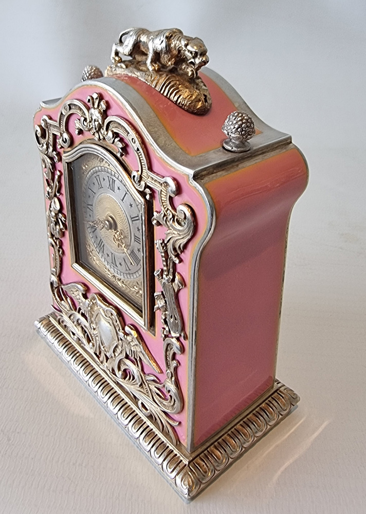 A fine and unusual Silver Gilt & Enamel Miniature Carriage or Boudoir Clock in the style of Faberge