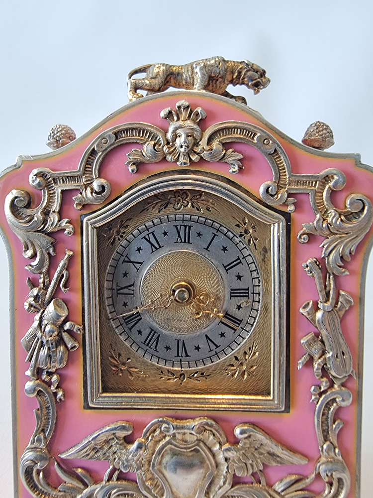 A fine and unusual Silver Gilt & Enamel Miniature Carriage or Boudoir Clock in the style of Faberge