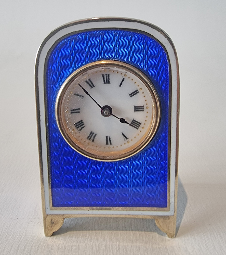 A Sub Miniature Silver Gilt and blue Guilloche enamel Carriage Clock