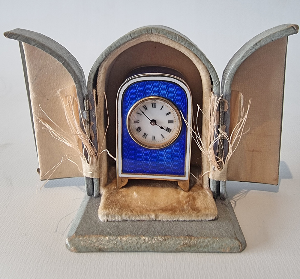 A Sub Miniature Silver Gilt and blue Guilloche enamel Carriage Clock