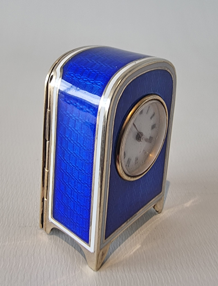 A Sub Miniature Silver Gilt and blue Guilloche enamel Carriage Clock