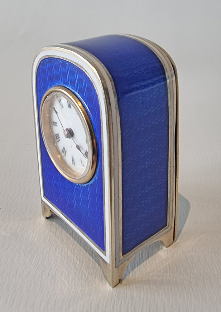 A Sub Miniature Silver Gilt and blue Guilloche enamel Carriage Clock