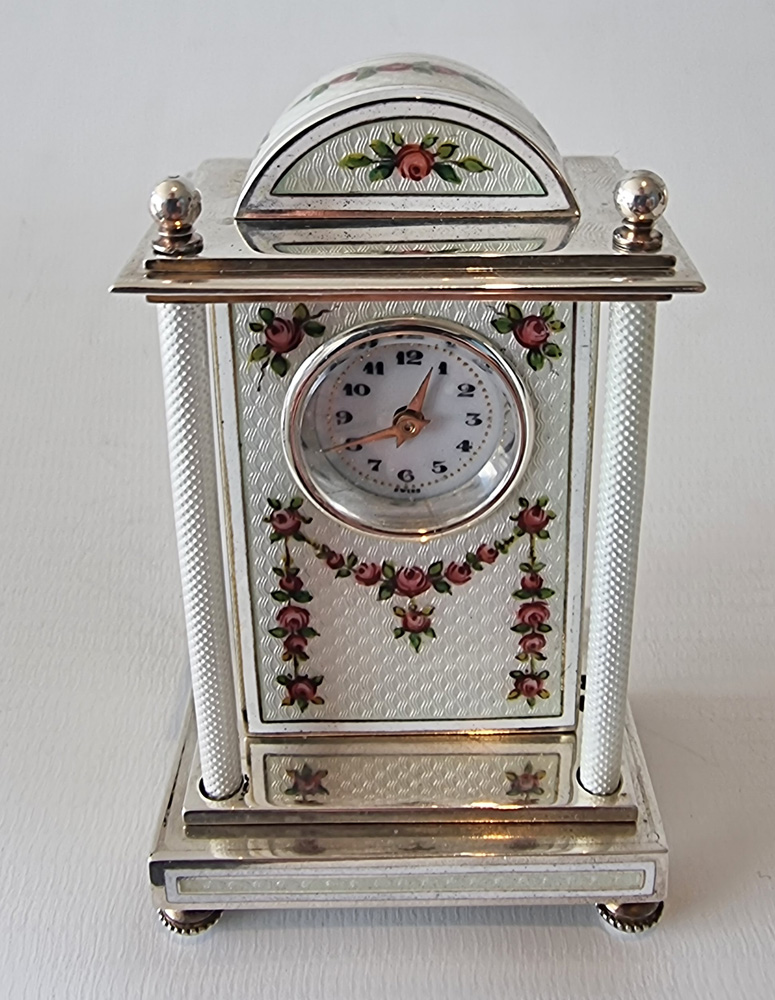 A Silver and White Guilloche enamel Carriage or boudoir Clock