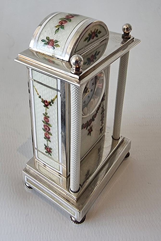 A Silver and White Guilloche enamel Carriage or boudoir Clock