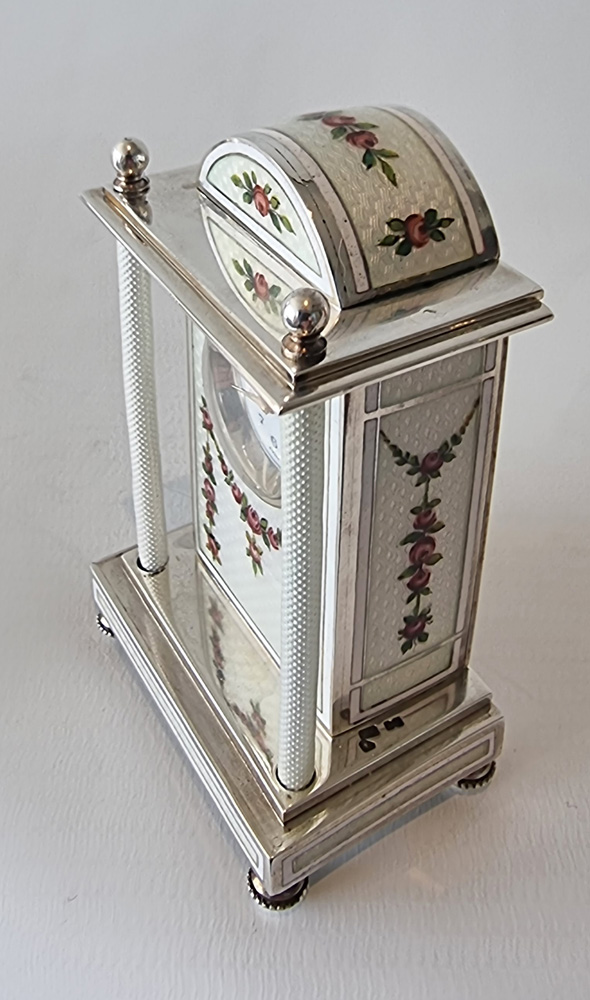 A Silver and White Guilloche enamel Carriage or boudoir Clock