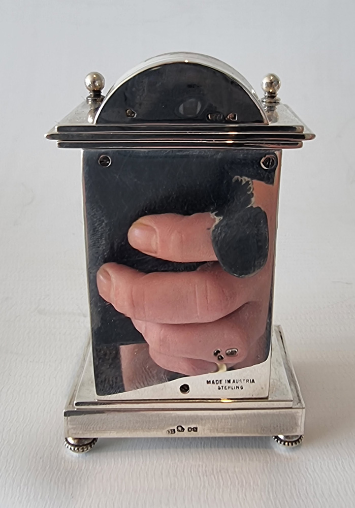 A Silver and White Guilloche enamel Carriage or boudoir Clock