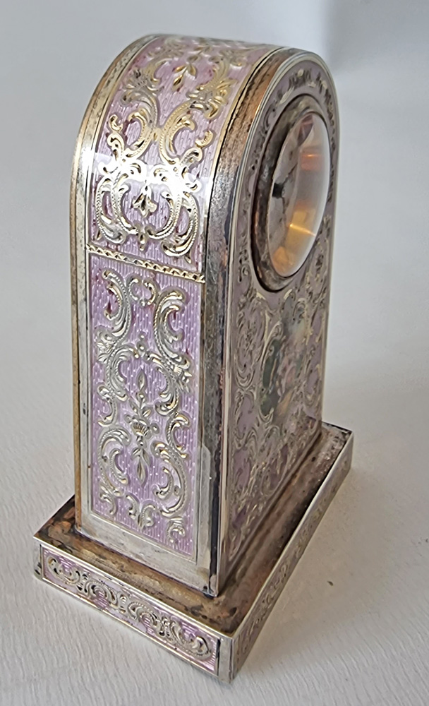 A Purple Guilloche Enamel with decorative inlay and hand painted picture Carriage or Boudoir Clock