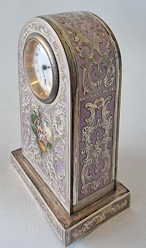A Purple Guilloche Enamel with decorative inlay and hand painted picture Carriage or Boudoir Clock