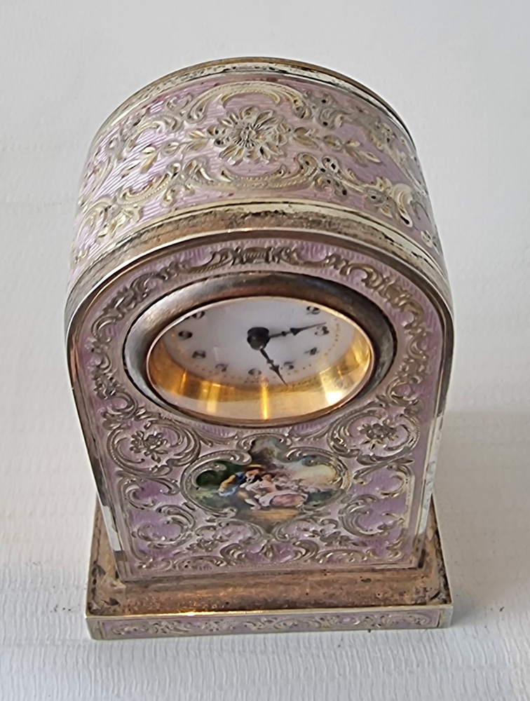 A Purple Guilloche Enamel with decorative inlay and hand painted picture Carriage or Boudoir Clock