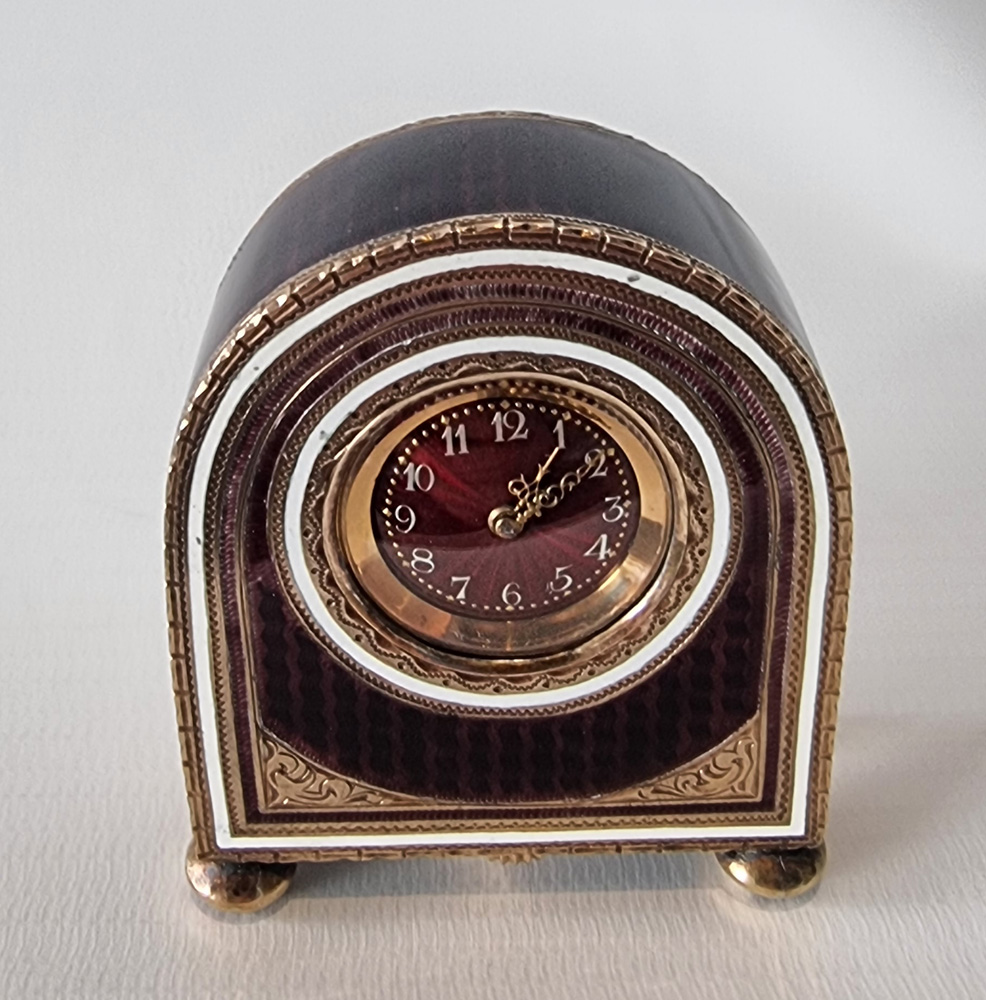 A Sub Miniature Burgundy Guilloche enamel Carriage Clock by Mathey Tissot
