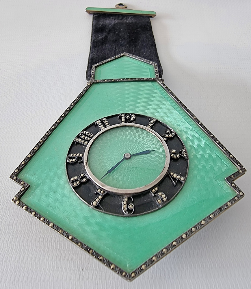 An Art Deco Silver and Green Guilloche Enamel Wall Clock by Schild