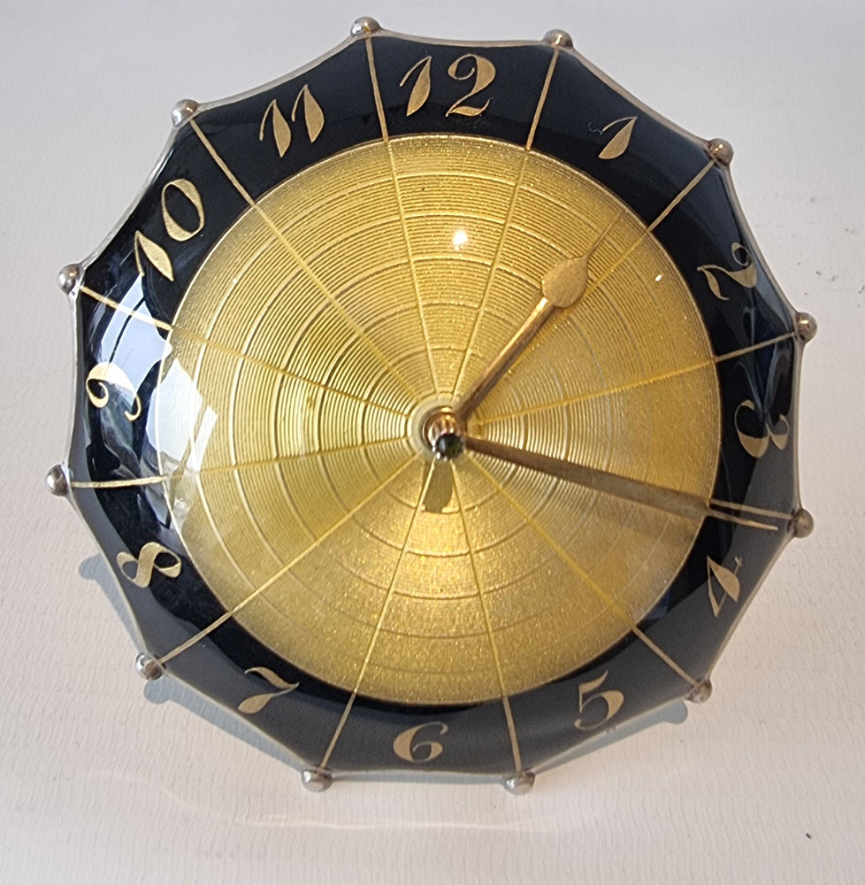 Swiss silver and Imperial Yellow guilloche enamel umbrella clock in Case