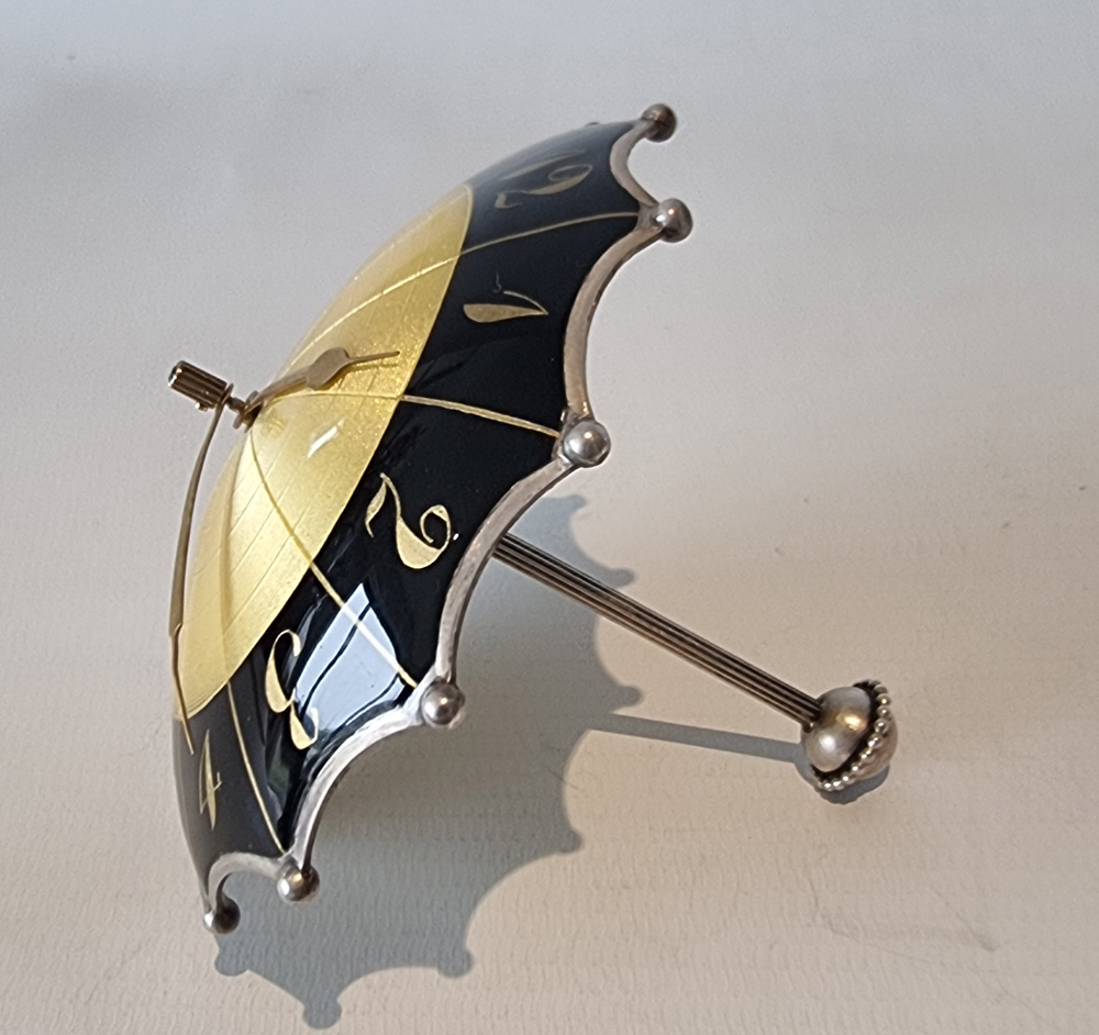 Swiss silver and Imperial Yellow guilloche enamel umbrella clock in Case